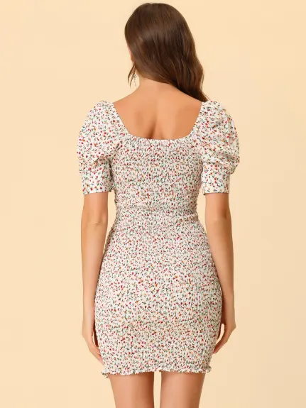 Allegra K- Robe moulante smockée florale à manches bouffantes et col en cœur