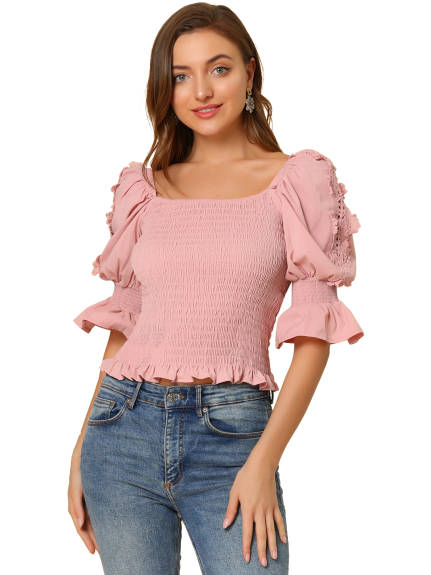 Allegra K- Smocked Waist Square Neck Ruffle Sleeve Blouse