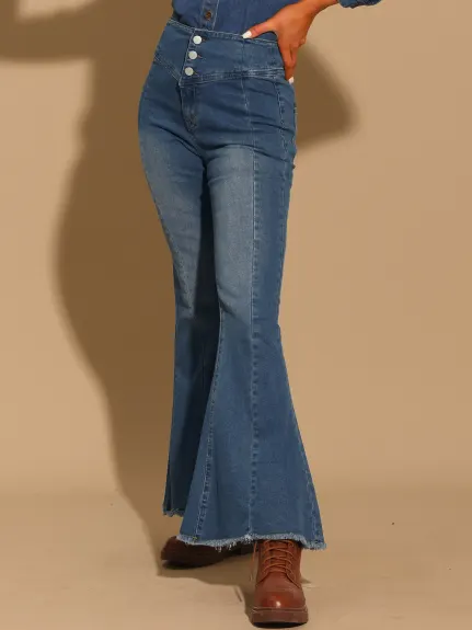 Allegra K- Bell Bottom Jeans Pantalon en denim évasé classique taille haute