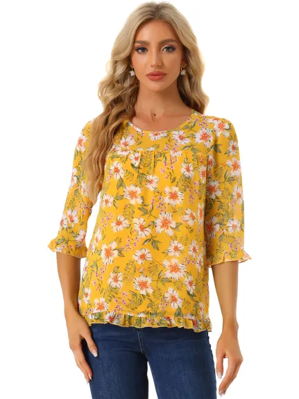 Allegra K- Blouse florale en mousseline à manches 3/4 et à volants