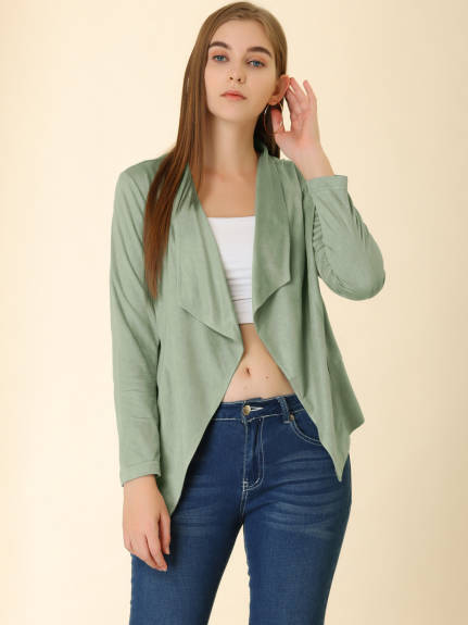 Allegra K- Zipper Cuffs Draped Front Faux Suede Jacket