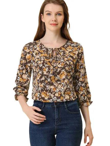 Allegra K- Tie V Neck Ruffled 3/4 Sleeve Floral Blouse