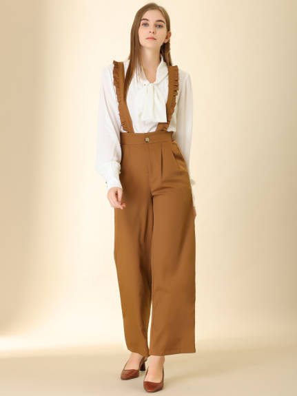 Allegra K - Ruffled Suspender Wide Leg Pants