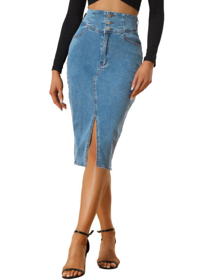 Allegra K - High Waist Split Hem Jean Midi Skirt