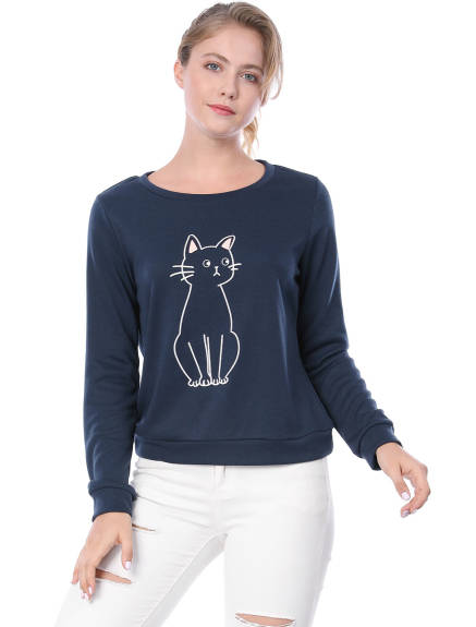 Allegra K - Cat Print Casual Sweatshirt