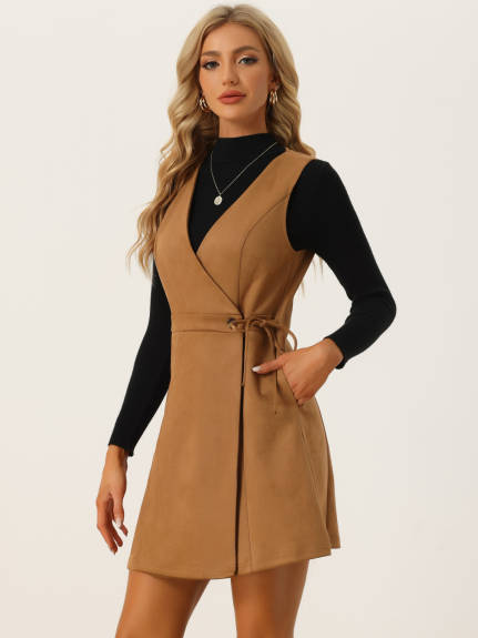 Allegra K- V Neck A-Line Suede Pinafore Dress