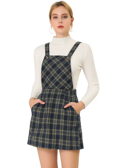 Allegra K- Plaid Mini Pinafore Overall Suspender Skirt