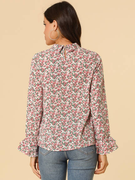 Allegra K- Floral Tie Neck Chiffon Ruffle Blouse