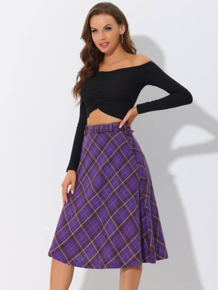 Allegra K- Plaid Tartan Belted A-Line Midi Skirt