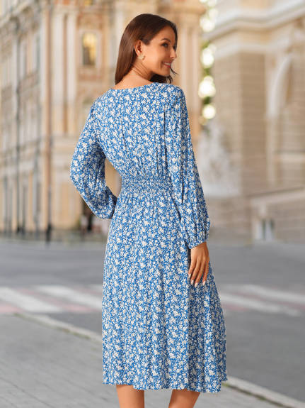 Allegra K - Floral V-Neck Long Sleeve Midi Dress