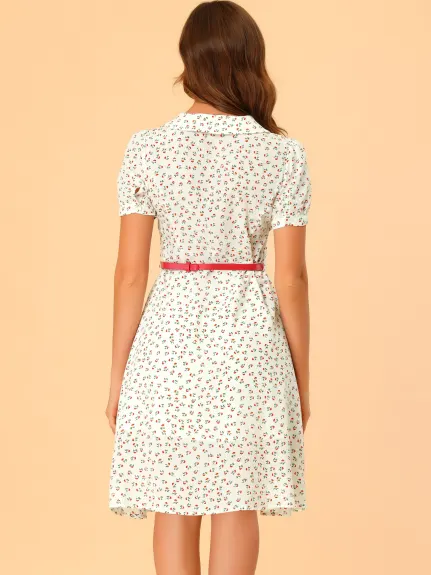 Allegra K- Peter Pan Collar Tie Neck Belted Floral Dress