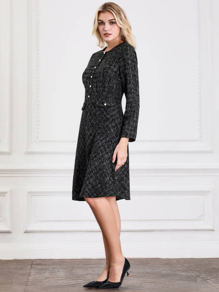 Hobemty - Tweed Long Sleeve A-Line Midi Dress