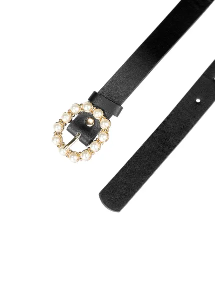 Allegra K- Pearl Waistband Skinny Leather Pin Buckle Belt