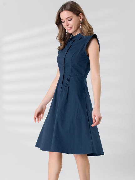 Allegra K- Cotton Shirtdress Ruffled Sleeve Tie Waist Button Dress