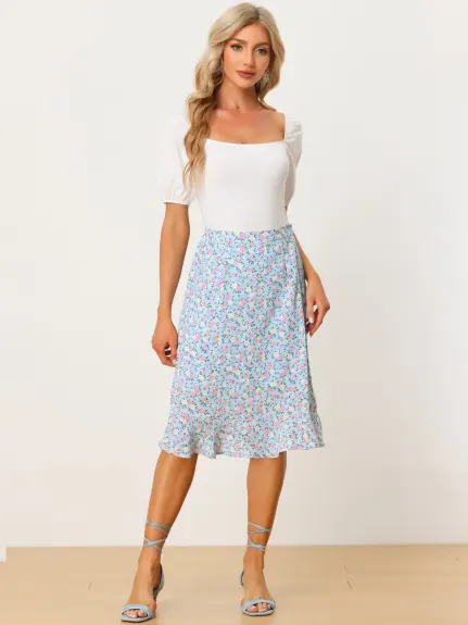 Allegra K- Floral Ruffle A-Line Split Midi Skirt