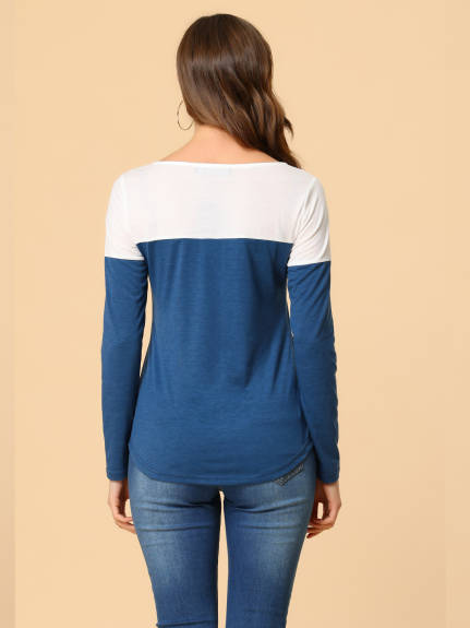 Allegra K- Color Block V Neck Henley Blouse