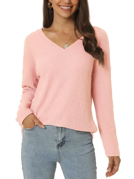 Allegra K- V Neck Waffle Knit Long Sleeve Slim Fit Top