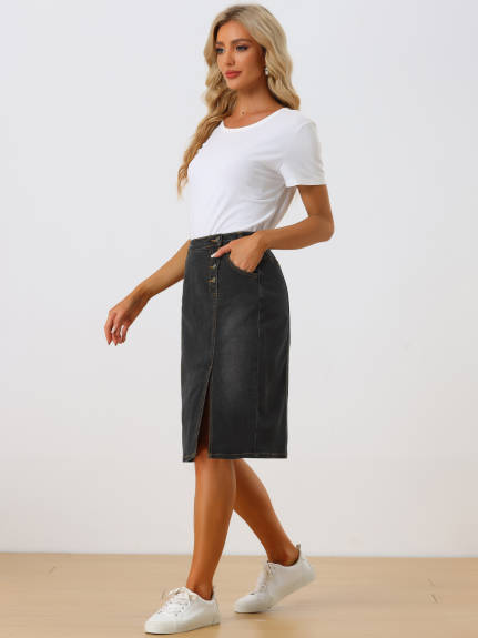 Allegra K - Button Side Slit Midi Denim Skirt