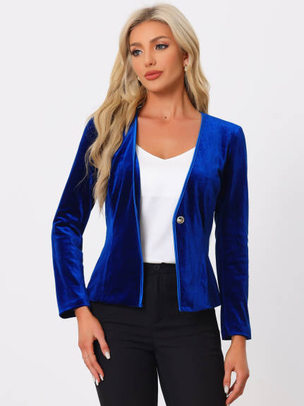 Allegra K- Collarless 1 Button Velvet Blazer