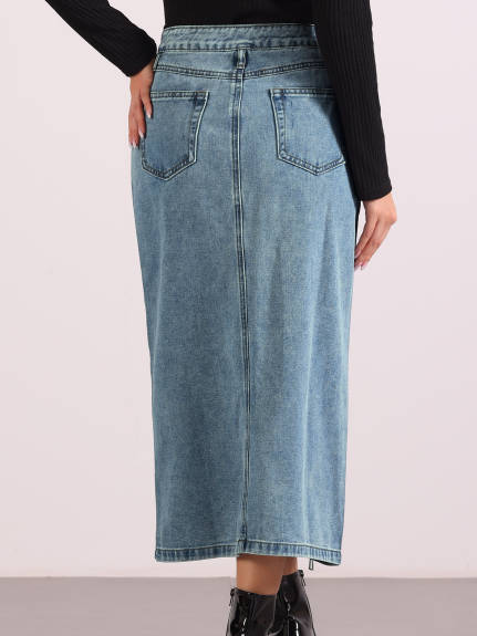 Allegra K- Zipper Front Jean Split Denim Skirt