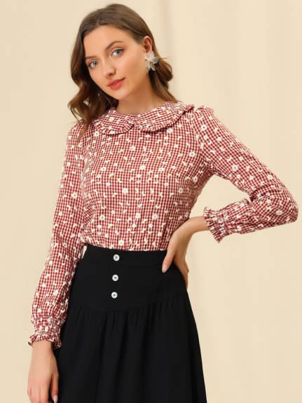 Allegra K- Print Top Puff Ruffle Peter Pan Collar Blouse