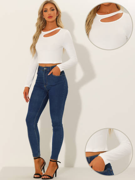 Allegra K - Long Sleeve Cut Out Slim Crop Top