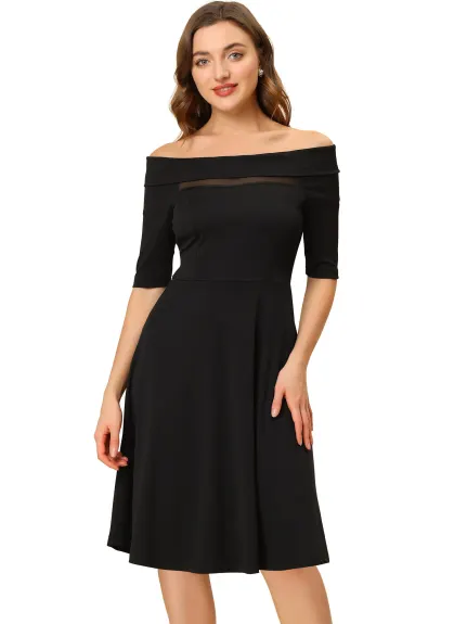 Allegra K- Off Shoulder Mesh Panel Cocktail Midi Dress