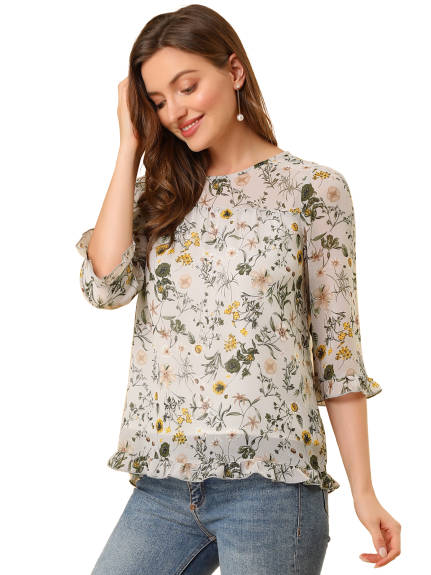 Allegra K- Floral 3/4 Sleeve Ruffle Blouse Pack, GreyBlue Combo1