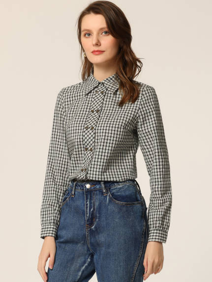 Allegra K- Plaid Point Collar Long Sleeve Double Breasted Shirt