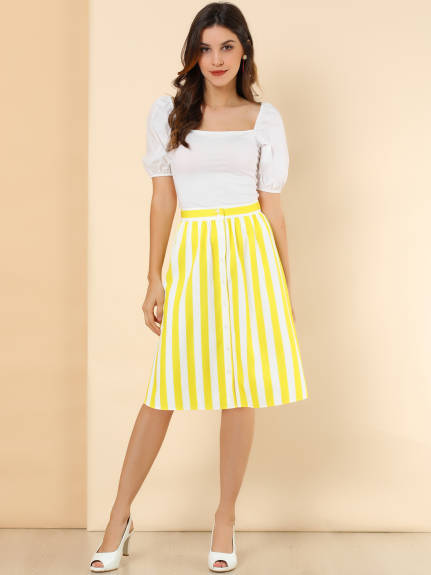 Allegra K - Button A-Line Striped Midi Skirt