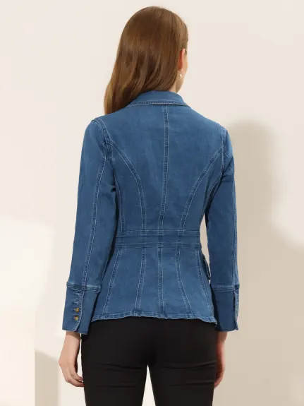 Allegra K- Veste en jean boutonnée à revers cranté avec poches