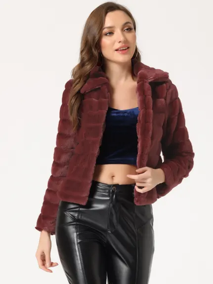 Allegra K- Faux Fur Fluffy Coat Collar Cropped Jacket
