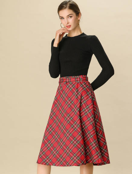 Allegra K- Plaid Tartan Belted A-Line Midi Skirt