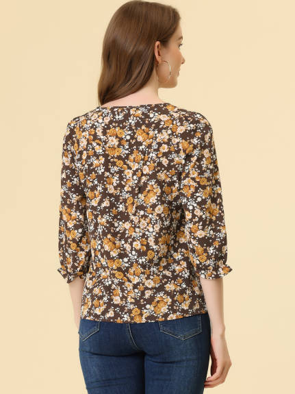 Allegra K- Tie V Neck Ruffled 3/4 Sleeve Floral Blouse