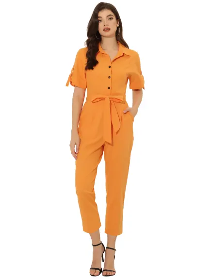 Allegra K- Turndown Collar Button up Tie Waist Cargo Jumpsuit