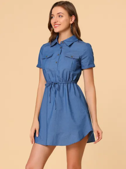 Allegra K- Short Sleeve Tie Waist Button Mini Dress