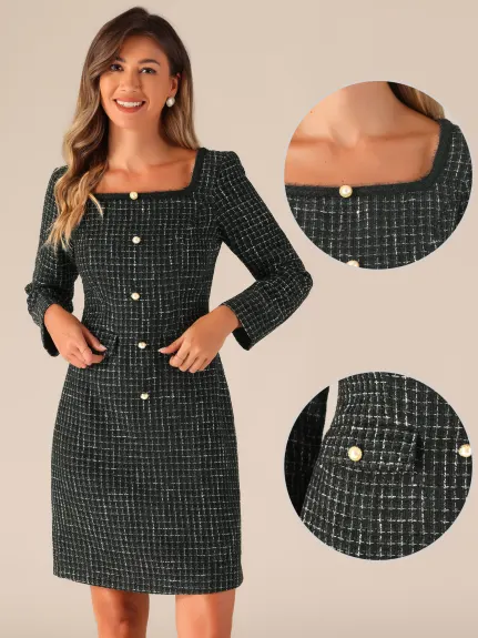 Allegra K - Tweed Plaid Square Neck Long Sleeve Dress