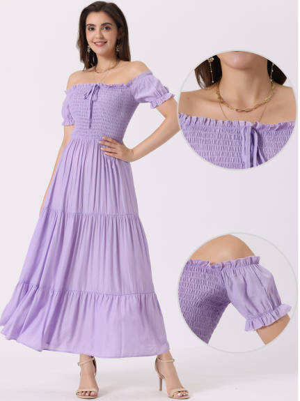 Allegra K- Off Shoulder Ruffle Smocked Dress