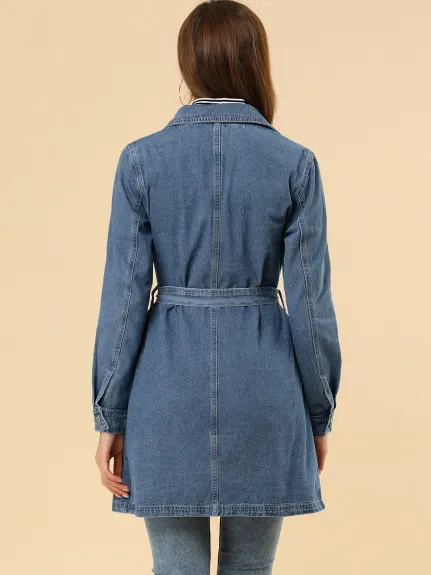 Allegra K- Notched Lapel Button Belted Long Denim Jacket