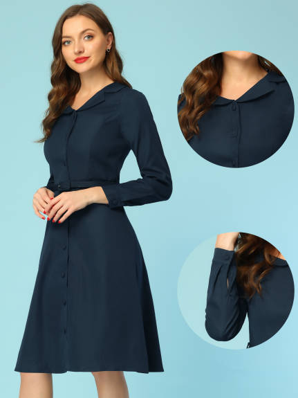 Allegra K- Belted Flat Collar Long Sleeve Retro Shirt Dress