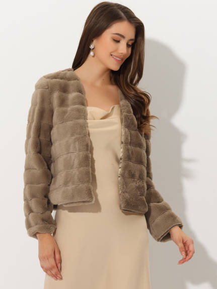 Allegra K- Cropped Collarless Faux Fur Fluffy Coat Jacket