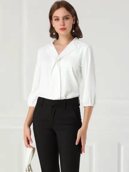 Allegra K- V Neck Collared 3/4 Sleeve Blouse