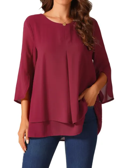 Allegra K - Casual Round Neck 3/4 Sleeve Chiffon Blouse