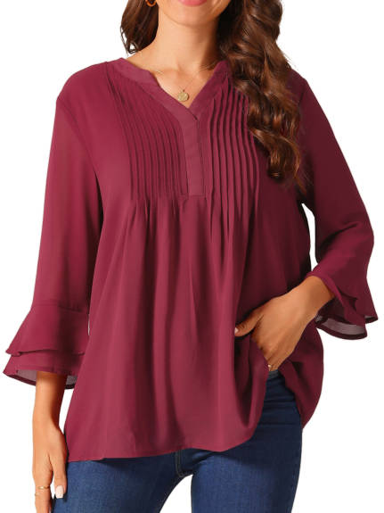 Allegra K - V Neck 3/4 Sleeve Lightweight Pintuck Top