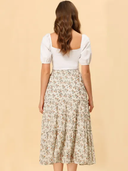 Allegra K- Floral Tiered A-Line Long Chiffon Skirt