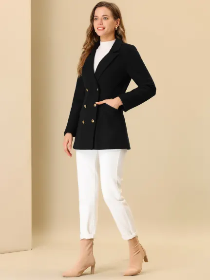 Allegra K- Notched Lapel Double Breasted Outwear Pea Coat Belted