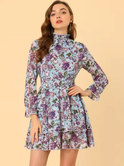 Allegra K- Floral Layered Sheer Smock Waist Mini Dress