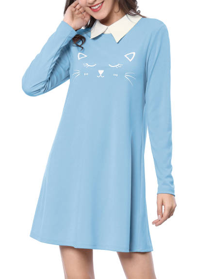 Allegra K- Cute Contrast Collar Long Sleeve Above Knee Dress