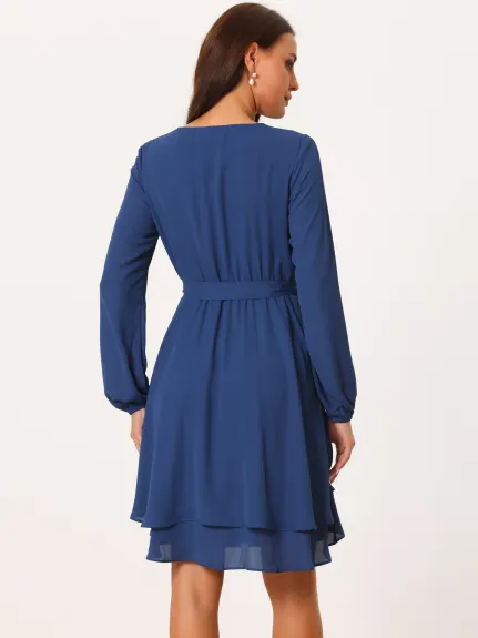 Allegra K- Deep V Neck Wrap Long Sleeve Belted Mini Skating Flowy Dress