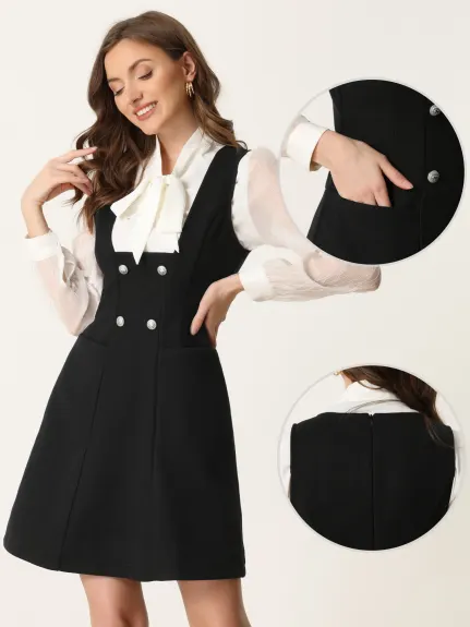 Allegra K- Pinafore A-Line Double Breasted Overall Suspender Dress